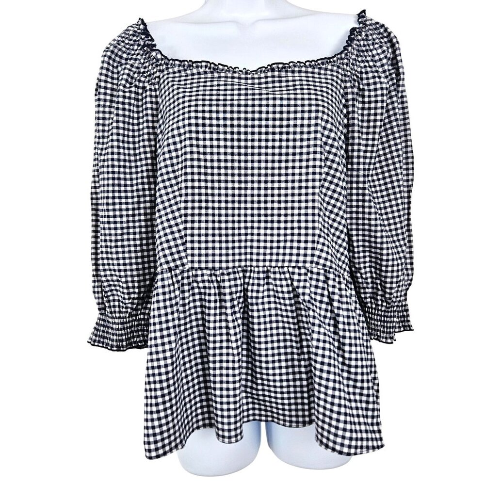 Morgan Taylor Womens XL Navy & White Gingham Peplum Blouse Ruched 3/4 Sleeves